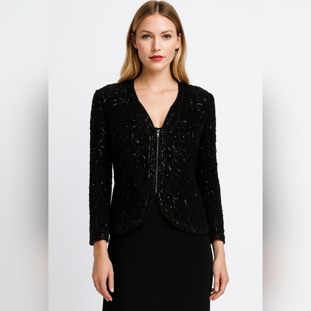 Vintage Silk Beaded Formal Evening Jacket Black W/ Zipper Large DELLA ROUFOGALI‎